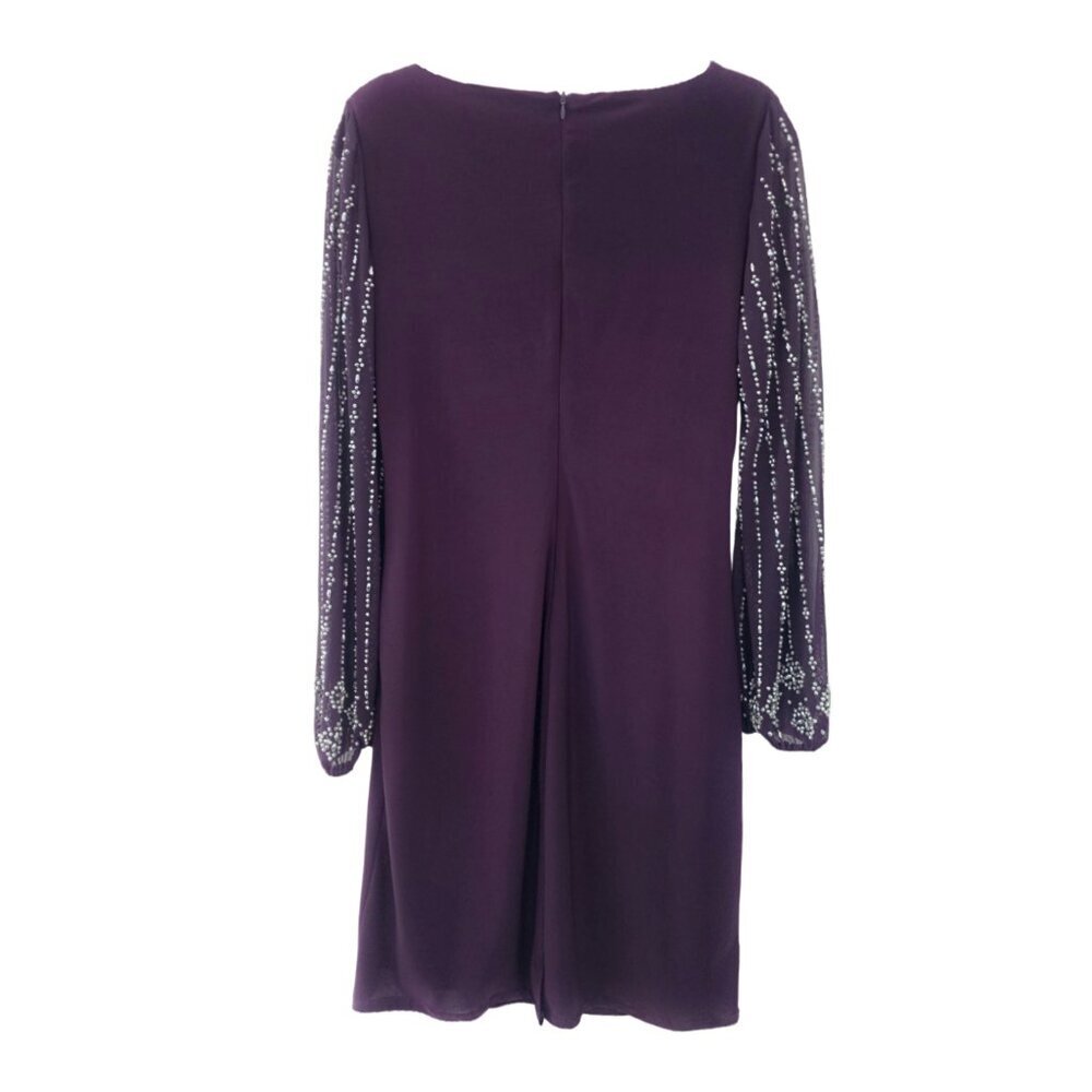 Marina Beaded Mesh Long Sleeve Side Drape Cocktail Dress Size 6 Plum Stretch - Picture 5 of 8